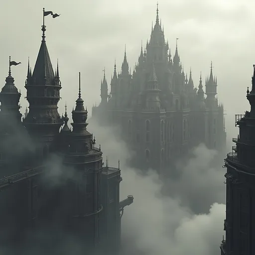 Prompt: Majestic city in the sky, steampunk architecture with soaring towers, intricate gears and brass elements, shrouded in mist, nostalgic retro 1910 vibe, rich black and white contrast, ethereal clouds floating around, high depth cinematic masterpiece, ultra-detailed, grand atmosphere evoking wonder and adventure.