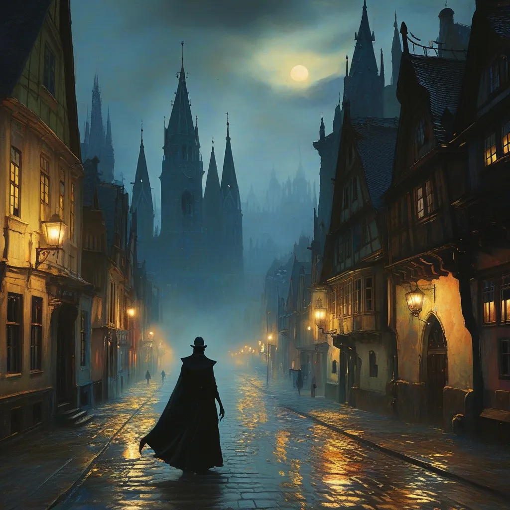 Prompt: Nosferatu (vampire-like figure), 1800s German cityscape, gothic architecture, dimly-lit cobblestone streets, mist rising, eerie ambiance, haunting shadows, moonlit night sky, traditional clothing styles of the era, sense of foreboding, atmospheric lighting, sepia tones, ultra-detailed, high-quality, mysterious mood, historical accuracy.