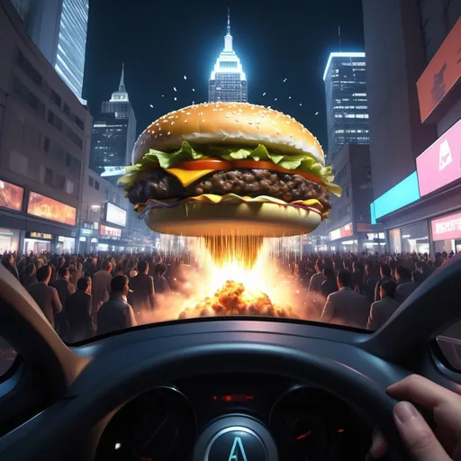 Prompt: First person view of aA hamburger explosion is a crowded future city at night