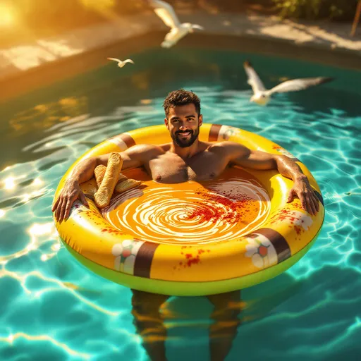 Prompt: man in swimswear, relaxing, swimming ring, vibrant soup, colorful and whimsical scene, warm tones, playful ambiance, soft sunlight casting gentle reflections, high-quality detail, mastles alluring textures, ultra-detailed, amusing contrast between man and soup, imaginative juxtaposition, surreal and light-hearted atmosphere, capturing tranquility and fun.