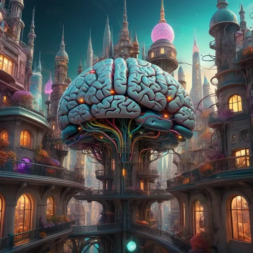 Prompt: (city of a brain), amazing intricacies, surreal architecture, (neural pathways) interconnecting structures, vibrant colors, dreamlike ambiance, soft glowing lights highlighting details, 4K resolution, imaginative skyline, complex patterns reflecting thought processes, futuristic cityscape, inspired by neurological designs, exploring the depths of creativity and intellect, whimsical atmosphere, captivating wonderland of ideas.