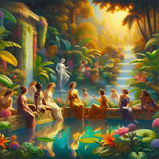 Prompt: Young women bathing in a (romantic) Renaissance-style pool, vibrant neon accents, lush tropical plants surrounding, warm golden sunlight filtering through greenery, serene and enchanting atmosphere, (ultra-detailed), a harmonious blend of classical elegance and modern flair, (inviting and vibrant colors), water sparkling with reflections, whimsical and dreamy background, lush foliage cascading around the pool edge.