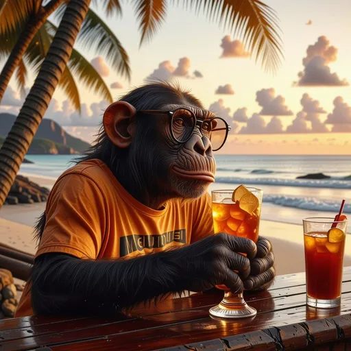 Prompt: Monkey (wearing glasses), (funky t-shirt), drinking at the bar, (beach setting), (sunset background) with vibrant orange and pink hues reflecting on the water, relaxed ambiance, soft waves lapping against the shore, palm trees gently swaying, inviting atmosphere, ultra-detailed and high quality, perfect for a fun and carefree vibe.