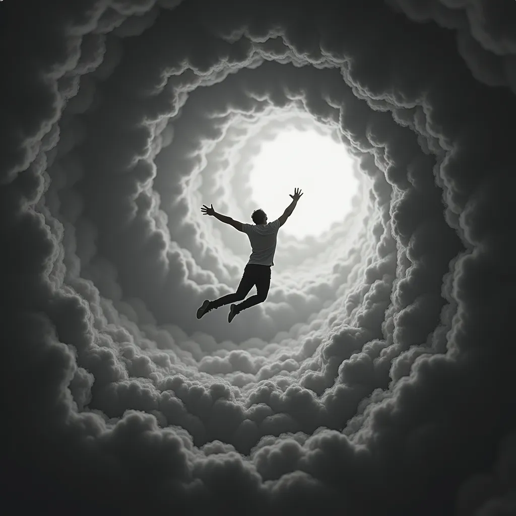 Prompt: Bw a man falling in a spiral in the stormy thunder clouds epic artistic