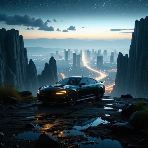 Prompt: (car at night on the edge of a cliff), (infinite city skyline), illuminated lights, dramatic shadows, starry sky, cool tones, foggy atmosphere, exquisite detail, high contrast, cinematic composition, tranquil yet awe-inspiring ambiance, reflectivity of car surface, ultra-detailed, breathtaking perspective, dreamlike feel, adventurous spirit, 4K.