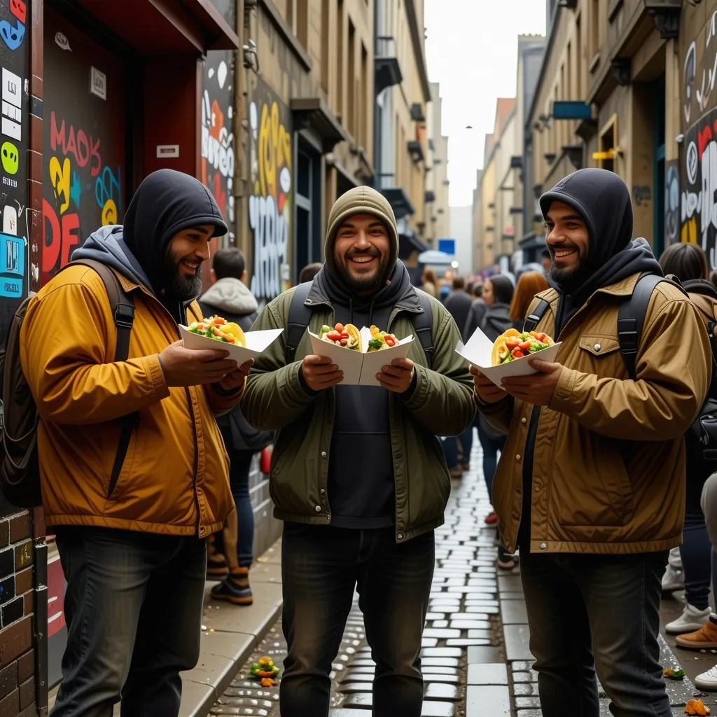 Prompt: Fat people enjoying burritos, bustling dirty backstreet in Edinburgh, gritty urban atmosphere, cobblestone pavement, faded brick buildings covered in graffiti, warm yet low lighting casts shadows, sumptuous colors of burritos contrasted against dull surroundings, authentic street food vibe, captures joy and indulgence, 4K, ultra-detailed.