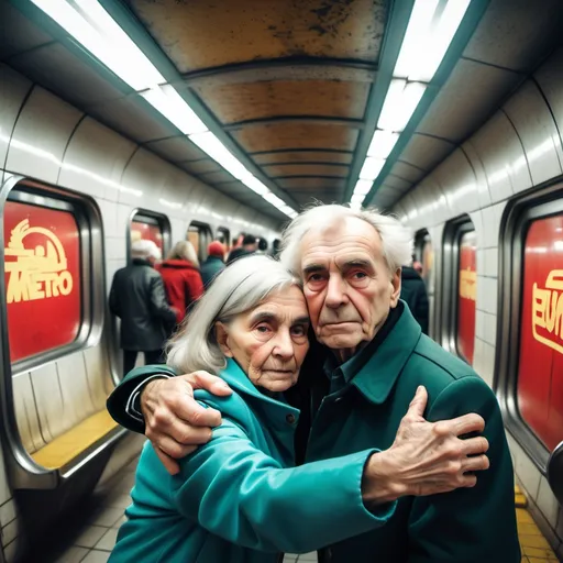 Prompt: First person view of selfie of eautiful couple hugging in brutalist communist city metro  fast food with many sad old  people walking