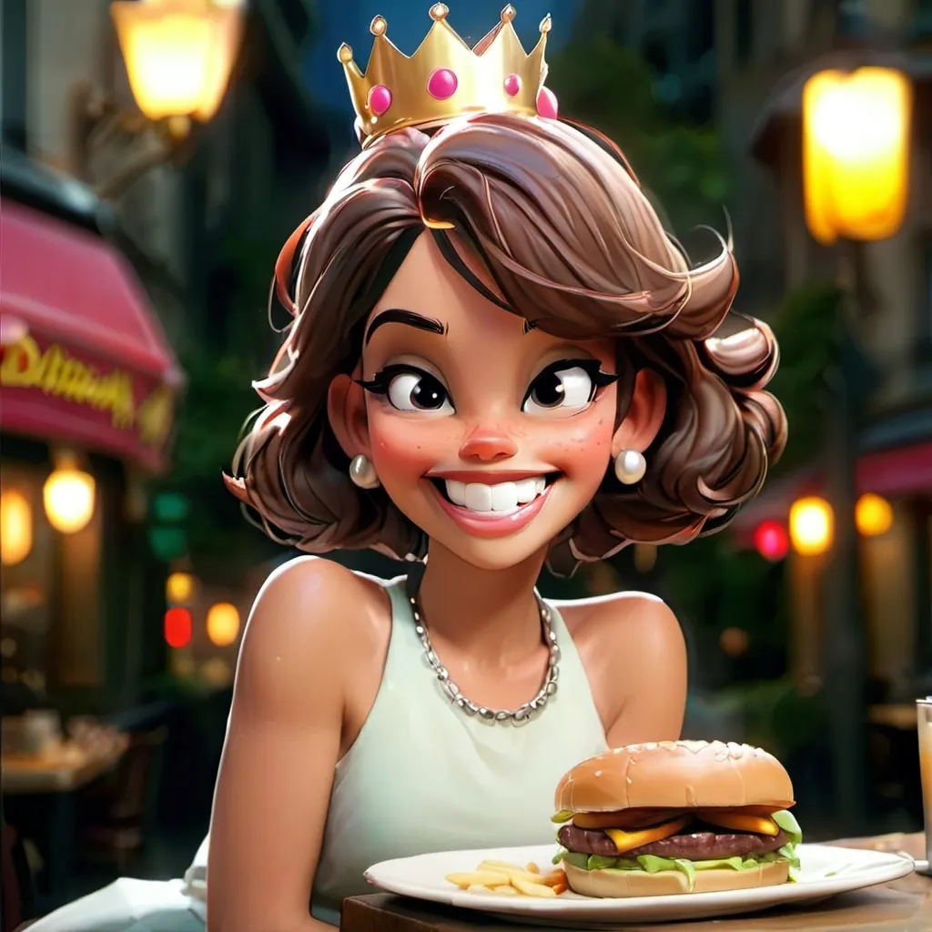 Prompt: A beautiful happy young woman wearing a tiara smiling at a big cheeseburger in Paris restaurant at night