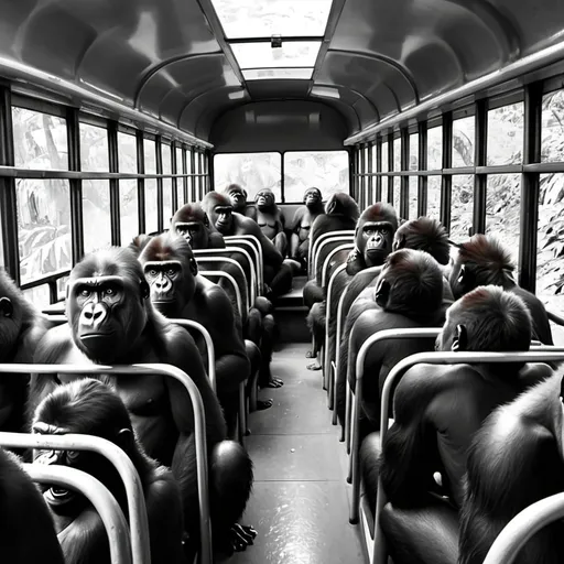 Prompt: Bw first person view inside an indian Bus  with many gorillas holding bananas