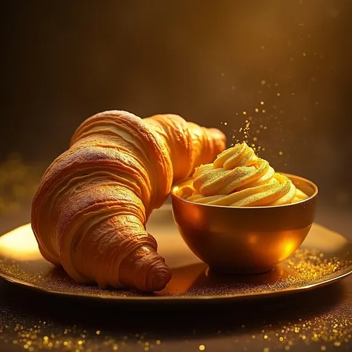 Prompt: (4K), photorealistic, a croissant (dipped in shimmering gold), next to an extravagant (luxurious gold bowl), opulent setting, rich textures, glossy surfaces, warm lighting that highlights the golden hues, inviting ambiance, delicious detail, artsy presentation, gourmet food styling, decadent and fine dining atmosphere.