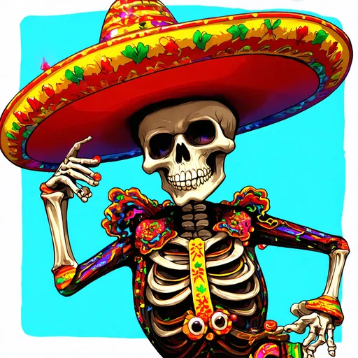 Prompt: (dancing skeleton), (colorful sombrero), joyful and whimsical vibe, vibrant colors with rich highlights and deep shadows, playful movement, detailed bones and cheerful facial expression, enchanting background with festive decorations, surreal and artistic style, high-quality illustration, HD.