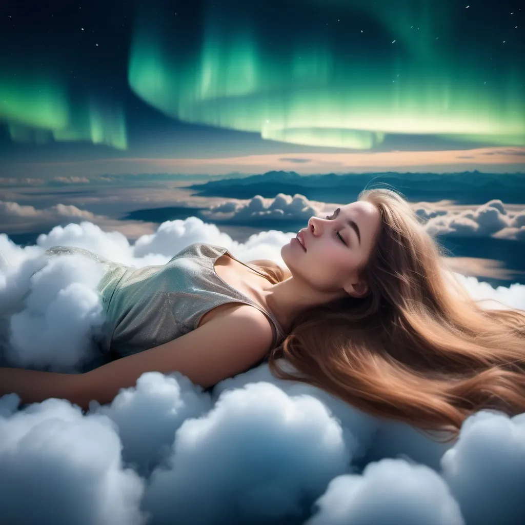 Prompt: Young woman lying on a cloud with very long hair in the wind aurora borealis sky city