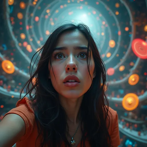 Prompt: Selfie of (a scared young woman), (anxiety and fear on her face), infinite spiraling city in the background, (surreal architecture), (vivid colors), (dynamic lighting), (high contrast), (cosmic spirals), (intense emotional atmosphere), (HD), (remarkable detail), (urban chaos).