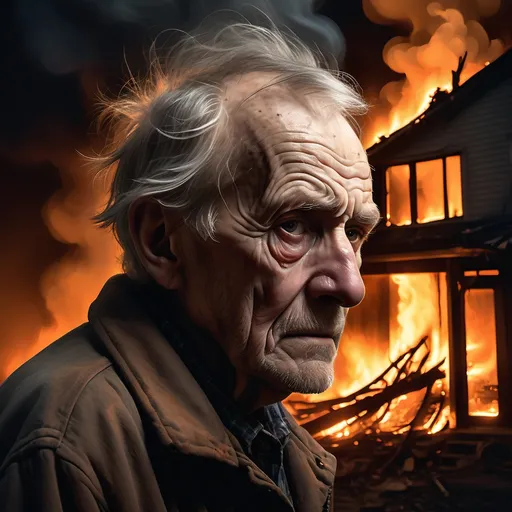 Prompt: (old man), (emotionally intense expression), with weathered features and a serious gaze, standing in front of a (burning old house), flames illuminating the night. Twisted branches scattered in (dark, smoky background), creating a dramatic atmosphere, contrasting against the warm glow of fire. High resolution, ultra-detailed, capturing the essence of loss and despair.