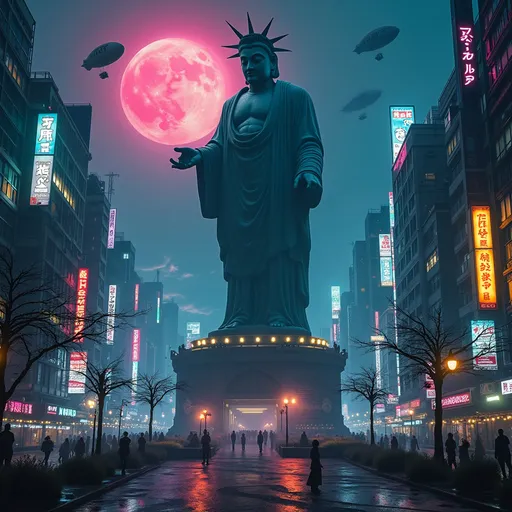 Prompt: (Awe-inspiring huge statue of liberty Buddha), front view, towering over futuristic skyscrapers, vibrant neon lights illuminating a gritty Tokyo landscape at night, (atmospheric) with zeppelins floating in the sky, cinematic depth with dramatic shadows, intricate details, neon color palette, (highly detailed and vivid), (cyberpunk aesthetic), ultra-detailed, mysterious ambiance, 4K.