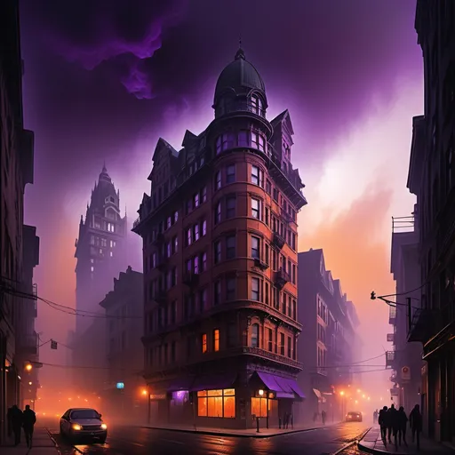 Prompt: (mysterious ghost looming over a cityscape at dusk), enveloped in an eerie mist, (shadows creeping along buildings), vibrant hues of purple and deep orange in the sky, adding a dramatic contrast, (haunting ambiance), streets glowing softly in the twilight, intricate details of urban architecture shadowed, (ultra-detailed, high-quality) image capturing a surreal, supernatural atmosphere.