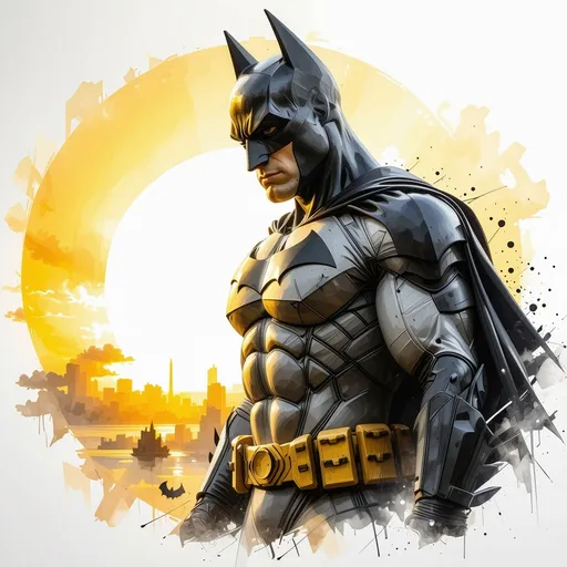 Prompt: (pencil drawing), Batman, black and yellow design, dramatic sunset backdrop, vibrant contrasts of warm yellows and deep blacks, shadowy outlines emphasizing the superhero's muscular form, sunset hues casting an intense glow, mood of action and heroism, highly detailed, 4K, visually striking composition.