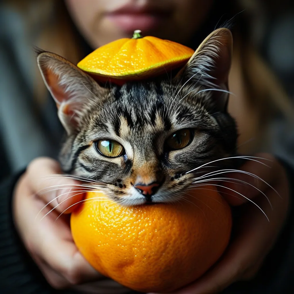 Prompt: Human hands holding the head of an angry cat made of an Orange fruit with its tongue out, no background