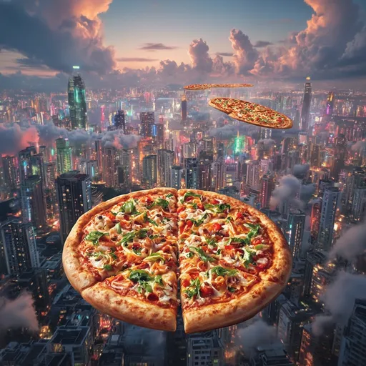 Prompt: infinite pizza, set in a bustling Hong Kong skyline, vivid neon lights illuminating the scene, mouth-watering toppings on an endless pizza, surreal urban environment, vibrant colors, playful atmosphere, high-rise buildings in the background, clouds drifting in a twilight sky, ultra-detailed, cinema-grade quality, capturing the whimsy of an imaginative culinary adventure.