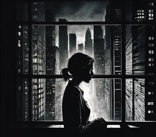 Prompt: A terrified woman peering through a window, gazing at a chaotic urban maze filled with towering skyscrapers and dark alleys, dimly lit by flickering streetlights, creating an intense atmosphere of fear and anxiety. Shadows loom in the background, adding to the suspense. The scene conveys a sense of confinement, high resolution, ultra-detailed, evocative lighting.