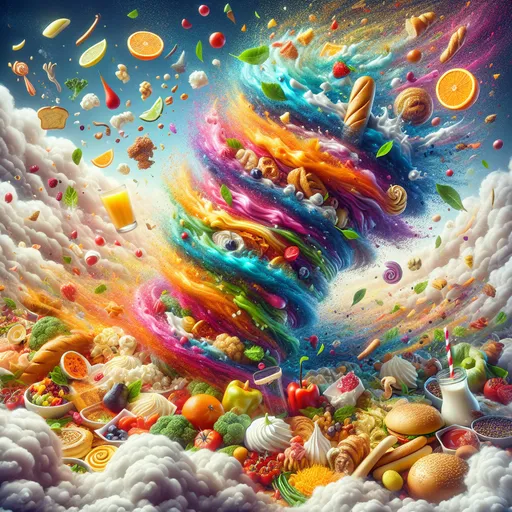 Prompt: (colorful gourmet food), swirling vibrant tornado, captured in dynamic motion, fluffy white clouds surrounding, bright intense colors, appetizing details, high contrast, whimsical feel, energy of chaos, artistic rendering, playful atmosphere, (4K), ultra-detailed textures, fantasy theme, (action scene), dramatic lighting effects.