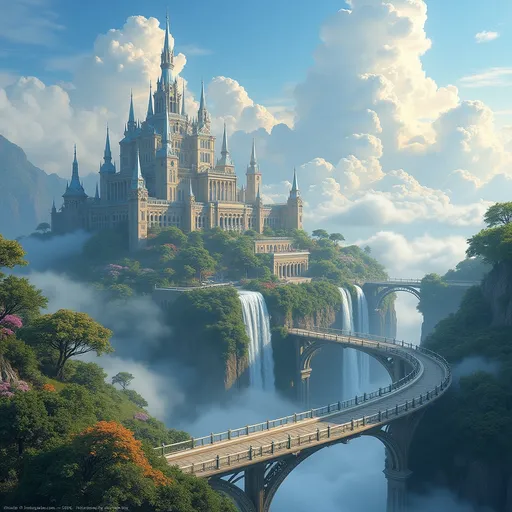 Prompt: Majestic city in the sky, soaring architecture with gleaming silver towers and vibrant gardens, set against a backdrop of fluffy, white clouds and a brilliant blue sky. Ethereal bridges connect buildings, cascading waterfalls shimmer under warm sunlight, creating a serene and dreamlike atmosphere. Ultra-detailed, high-definition visual with a sense of wonder and magic.