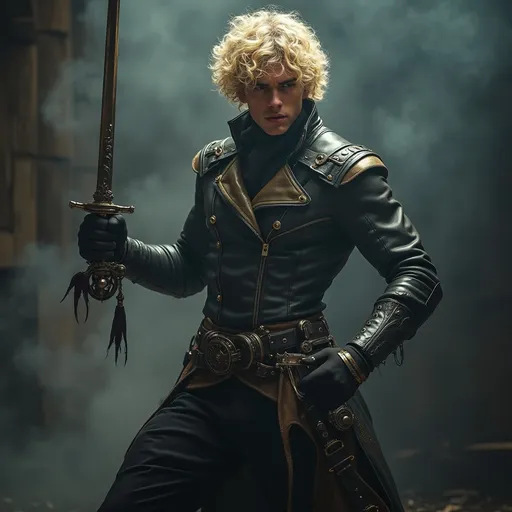 Prompt: (tall, lean, muscular Belgian fencer), (curly blonde hair), (steampunk attire), armed with a rapier, striking a dynamic pose, thoughtful expression, intricate gear details in the attire, dramatic lighting highlighting the metallic textures, gothic elements in the background, atmospheric smoke, moody ambiance, high detail, ultra-detailed, cinematic quality.