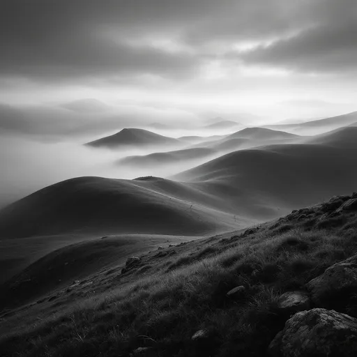 Prompt: black and white, serene landscape, ethereal fog rolling over hills, soft undulations, misty atmosphere, monochromatic tones adding depth, dreamy ambiance, tranquil and peaceful setting, intricate details of varying hill textures, expansive sky above, ultra-detailed, high-quality presentation, captivating and atmospheric composition.