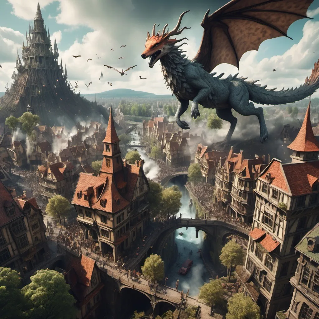 Prompt: Show me an action photo of a woodland fantasy city getting destroyed by wyverns Sky view