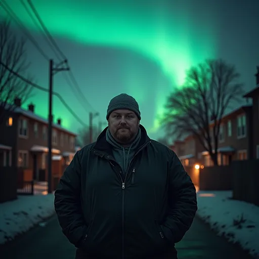 Prompt: Selfie of a fat homeless man in quiet neighborhood, aurora borealis in the sky