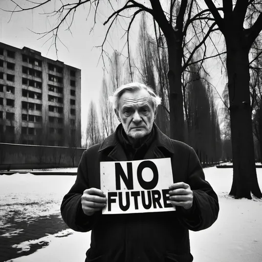 Prompt: Bw grainy Selfie of A sad old man holding a "NO future" sign in a dark gritty soviet brutalist city park winter