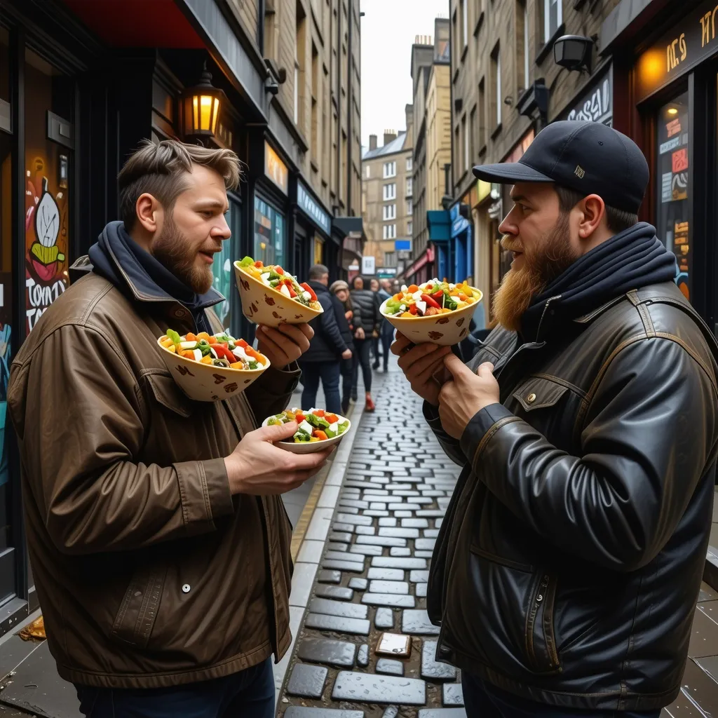 Prompt: Fat people enjoying burritos, bustling dirty backstreet in Edinburgh, gritty urban atmosphere, cobblestone pavement, faded brick buildings covered in graffiti, warm yet low lighting casts shadows, sumptuous colors of burritos contrasted against dull surroundings, authentic street food vibe, captures joy and indulgence, 4K, ultra-detailed.