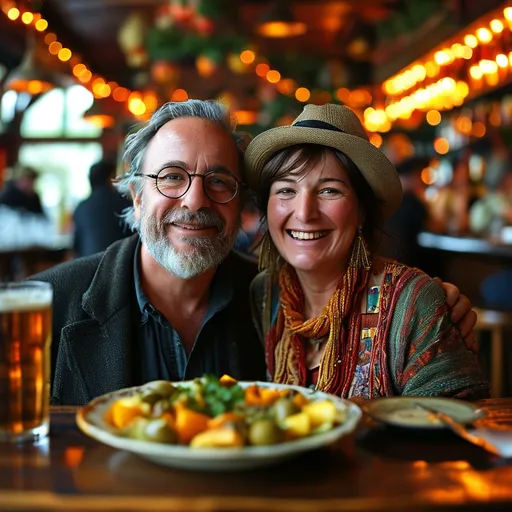 Prompt: (thin man and woman in a bar full of food), vibrant atmosphere, warm lighting, cozy ambiance, people laughing and enjoying, diverse food spread across the table, slightly blurred background, detailed expressions of joy and camaraderie, high-quality image, ultra-detailed, inviting scene perfect for social gatherings, lively decorations adorning the bar.