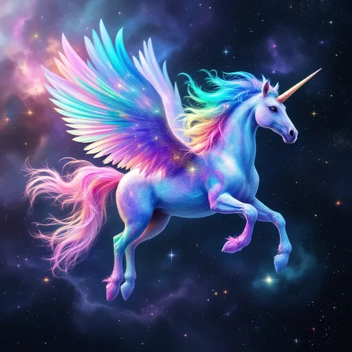 Prompt: Colorful unicorn flying in space, vibrant colors, shimmering starry background, ethereal and magical atmosphere, dynamic movement and grace, vivid swirling galaxies, enchanting cosmic elements, ultra-detailed, cinematic quality, high contrast light and shadows, conveying a sense of wonder and freedom, whimsical fantasy theme, magical aura of colorful sparks trailing behind.