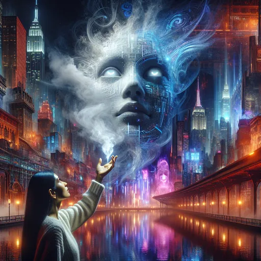 Prompt: A woman gazing up in awe at a colossal hollow-eyed face emerging from swirling smoke and Matrix code illuminated in the vivid skyline of a futuristic New York at night, inspired by the 5th Element, big neons reflecting futuristic architecture, dimly lit with ethereal hues, dramatic atmosphere, captivating detail, dynamic composition, ultra-detailed, cinematic quality, breathtaking vision.