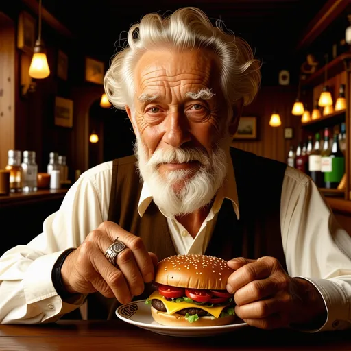 Prompt: (vibrant baron), elderly man, (huge rings on fingers), enjoying a hamburger, atmospheric old-world bar setting, richly decorated wood paneling, dimly lit, warm glowing light, shadowy corners, (ultra-detailed), textures of age and opulence, expression of satisfaction, rustic elements in the background, cozy yet unrefined ambiance, inviting feel.