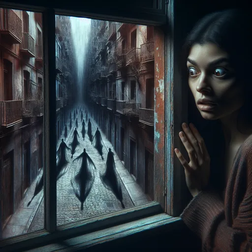 Prompt: woman looking terrified, gazing through a weathered window, an ominous empty city maze outside, eerie shadows creeping along the streets, a mood of foreboding and suspense, muted colors with deep contrasts, atmospheric lighting enhancing the sense of dread, ultra-detailed and high-resolution imagery for an immersive experience.