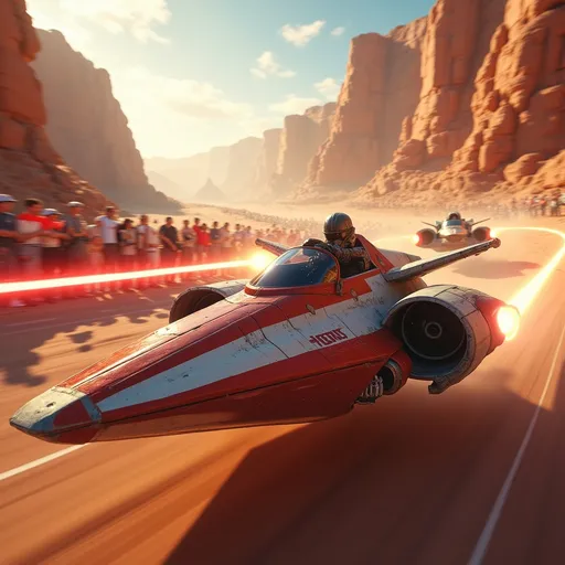 Prompt: High-speed Star Wars pod racer race, dynamic motion effects, bright vivid colors, thrilling atmosphere, futuristic landscapes with dramatic canyons, ultra-detailed pods racing at thrilling speeds, vibrant cheering crowds, intense energy, props and flags waving in the air, cinematic lighting effects, a sense of urgency, adrenaline-pumping action, 4K quality, capturing the excitement and high stakes of the race.