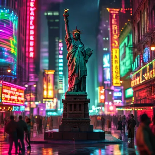 Prompt: A massive (Statue of Liberty) towering over a dark, gritty 1980s Times Square, neon lights glowing, evoking a sense of nostalgia, (dynamic atmosphere) filled with energy, people joyfully dancing, dressed in (vibrant 80s fashion), graffiti-covered walls surrounding the scene, ambient urban sounds, (cinematic lighting), HD, ultra-detailed.