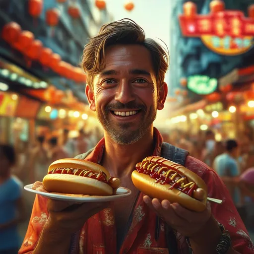 Prompt: (A joyful man holding a hotdog in each hand), bustling Kowloon backdrop, vibrant colors, abundant street life and neon lights, warm lighting casting playful shadows, ultra-detailed realism, capturing an atmosphere of excitement and culinary delight, energetic ambiance, lively street scenes with distinct cultural elements, 4K quality.