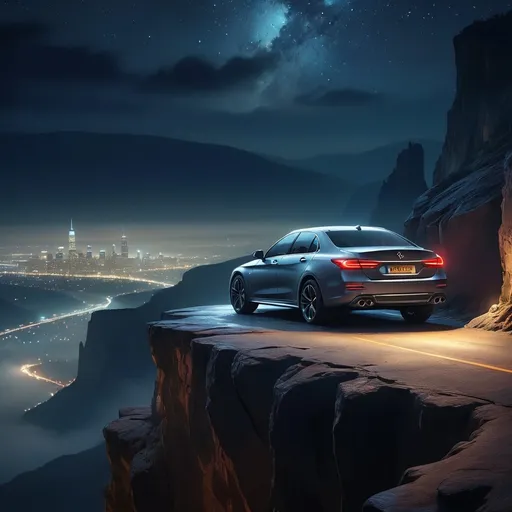 Prompt: (car at night on the edge of a cliff), (infinite city skyline), illuminated lights, dramatic shadows, starry sky, cool tones, foggy atmosphere, exquisite detail, high contrast, cinematic composition, tranquil yet awe-inspiring ambiance, reflectivity of car surface, ultra-detailed, breathtaking perspective, dreamlike feel, adventurous spirit, 4K.