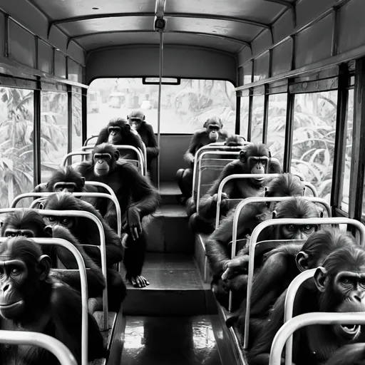 Prompt: Bw first person view inside an indian Bus  with many apes holding bananas