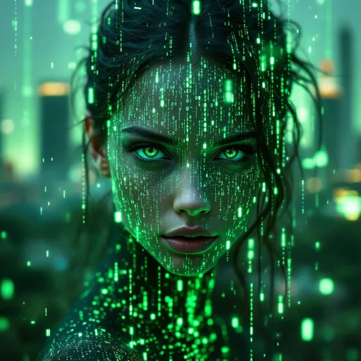 Prompt: A young woman with skin made of flowing Matrix code, digital rain cascading around her, immersive cybernetic atmosphere, neon green and black tones, mystery and intrigue, intense gaze, partially visible facial features, surreal backdrop blending technology and environments, high-definition, ultra-detailed lens capturing an ethereal essence and depth, futuristic abstract motifs surrounding her.