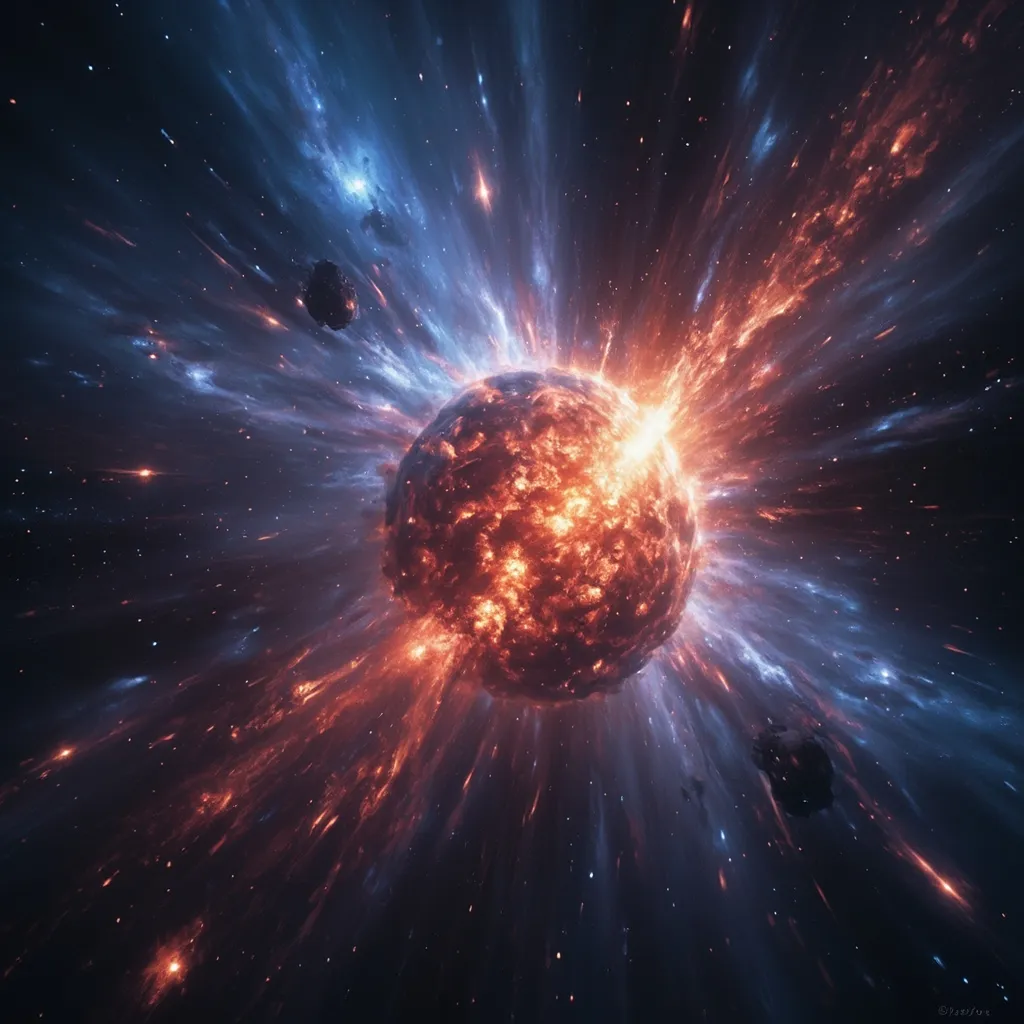 Prompt: gamma ray burst emerging from a dying star, vivid cosmic explosion, stunning celestial colors, radiant blues and fiery reds, deep space backdrop with swirling galaxies, dramatic lighting illuminating the star's remnants, dynamic energy outflows, ethereal atmosphere, high-resolution, ultra-detailed cosmic scene.