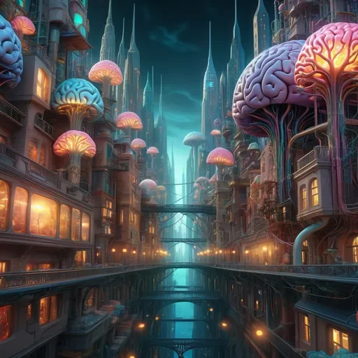 Prompt: (city of a brain), amazing intricacies, surreal architecture, (neural pathways) interconnecting structures, vibrant colors, dreamlike ambiance, soft glowing lights highlighting details, 4K resolution, imaginative skyline, complex patterns reflecting thought processes, futuristic cityscape, inspired by neurological designs, exploring the depths of creativity and intellect, whimsical atmosphere, captivating wonderland of ideas.