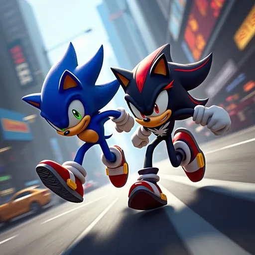 Prompt: Sonic and Shadow in high speed chase over Times Square