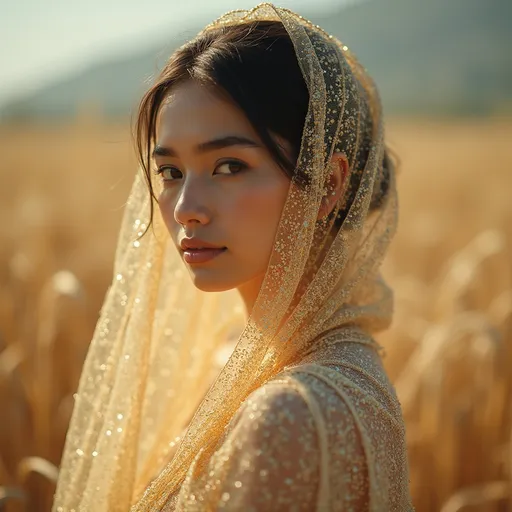 Prompt: A young woman (enchanting figure) draped in delicately scattered grains of rice, her outfit sparkles with each grain reflecting light, exuding a sense of uniqueness and organic beauty. The background is a soft, blurred natural setting, possibly an open field, for a serene and harmonious ambiance. Warm, muted tones create a welcoming, tranquil atmosphere. Ultra-detailed, high-definition quality.