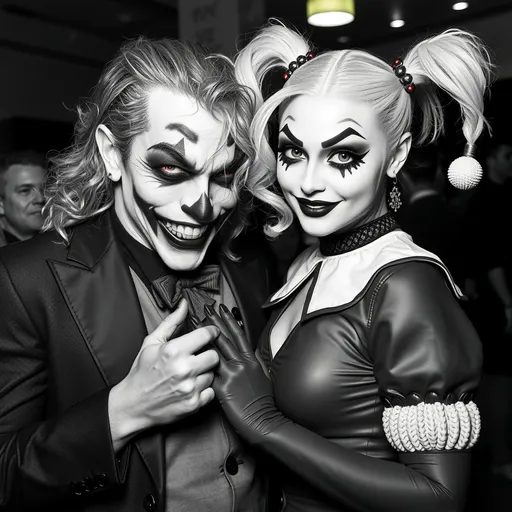 Prompt: Bw red only vibrant inkpunk style photo of Dark 2019's Joker and lady gaga harley quinn in Bucharest romania