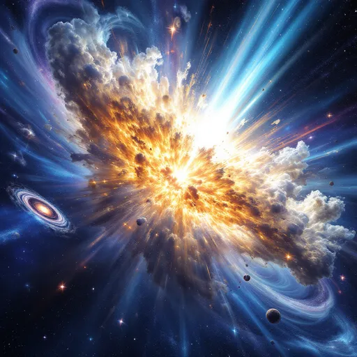 Prompt: gamma ray burst emerging from a dying star, vivid cosmic explosion, stunning celestial colors, radiant blues and fiery reds, deep space backdrop with swirling galaxies, dramatic lighting illuminating the star's remnants, dynamic energy outflows, ethereal atmosphere, high-resolution, ultra-detailed cosmic scene.
