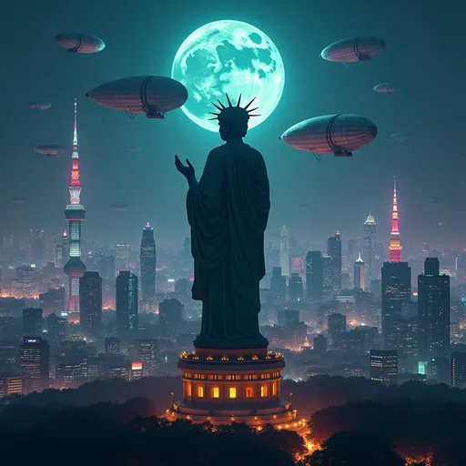 Prompt: Front view of huge adian statue of liberty buddha overlooking a very high skyscapers full of neons Tokyo in the gritty dark future at night full of zeppelins in the sky